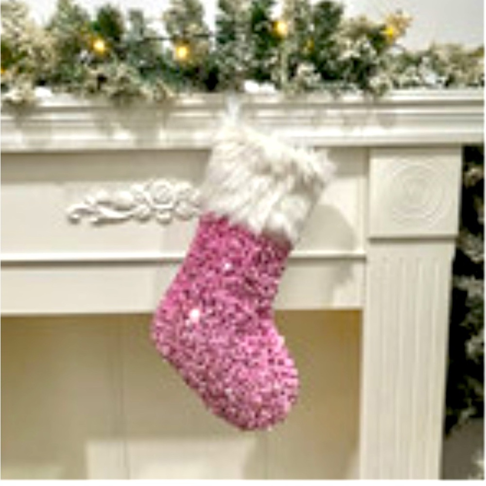 Pink Sequin Christmas Stocking with White Fur Trim